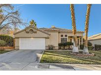 Tan one-story house with a white garage door and landscaping at 1506 Camino Summit Ave, Henderson, NV 89012