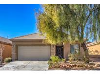 Beige house with a two-car garage and a large tree in the front yard at 4039 Welsh Pony St, Las Vegas, NV 89122