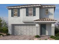 Two-story house with gray siding, attached garage, and dark gray accents at 5742 Remy Rain St, Las Vegas, NV 89148