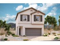 Two-story house with gray garage door and dark brown shutters at 6480 Dove Point Pl, Las Vegas, NV 89130