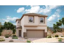 Two-story house with beige exterior, stone accents, and a two-car garage at 7213 Port Stephens St, North Las Vegas, NV 89084