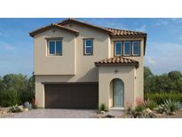 Two-story home with a brown garage door and teal front door at 80 Via Franello, Henderson, NV 89015