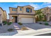 Two-story house with beige siding, gray shutters, and a brick walkway at 11857 Corenzio Ave, Las Vegas, NV 89138