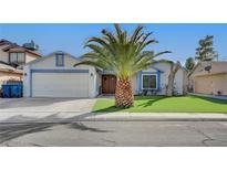 Charming single-story home featuring a well-kept lawn and a lovely, mature palm tree in the front yard at 5767 Tabitha Ave, Las Vegas, NV 89156