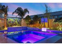 A luxurious pool area with a basketball hoop, an elevated spa and manicured landscaping, perfect for outdoor relaxation at 8620 Grove Mill Ct, Las Vegas, NV 89139