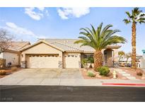 Single-story house with two-car garage, landscaping, and palm trees at 1036 Aspen Daisy Ave, Henderson, NV 89074