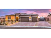 Single-story home with three-car garage and landscaped front yard at 9705 Yellow Shadow Ave, Las Vegas, NV 89149