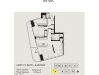 2 bed, 2 bath floor plan with balcony; 1,053 sq ft interior, 237 sq ft exterior at 4471 Dean Martin Dr # 3301, Las Vegas, NV 89103