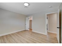 Bright bedroom featuring wood-look flooring, neutral paint, and a closet with a white door at 4512 Mark Ave, Las Vegas, NV 89108