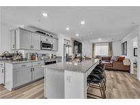 Modern kitchen features granite countertops, stainless steel appliances, grey cabinets and an island with bar stool seating at 2827 Blue Mosaic Ln # 3, Las Vegas, NV 89183