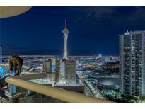 Stunning night view of the Las Vegas strip, featuring the iconic Stratosphere Tower from a condo balcony at 2777 Paradise Rd # 1105, Las Vegas, NV 89109