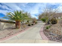 Long driveway leading to a luxury home with mature landscaping, including a palm tree and rock accents at 215 Granite Ct, Boulder City, NV 89005
