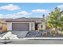 Single-story home with a brown garage door and landscaped front yard at 3757 Grand Viewpoint Ct, Las Vegas, NV 89147