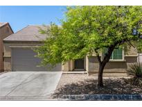 Single-story house with a gray garage door and landscaping at 3357 Sheep Canyon St, Las Vegas, NV 89122