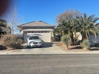 Charming single-story home featuring a two-car garage, desert landscaping, and mature palm trees in a sunny, residential neighborhood at 2341 Celestial Moon St, Henderson, NV 89044