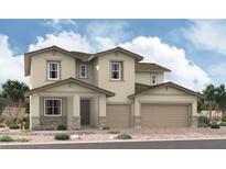 Inviting two-story home showcasing a neutral color palette, stone accents, and a spacious three-car garage at 199 Viento Sky St, Henderson, NV 89012