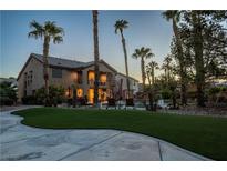 Expansive backyard with lush artificial turf, mature palm trees, and outdoor seating around the pool at 9012 Alpine Peaks Ave, Las Vegas, NV 89147