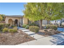 Charming single-story home featuring desert landscaping, stone accents, and an inviting arched entryway at 11165 Robin Park Ave, Las Vegas, NV 89138