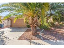 Charming home featuring a well-maintained front yard with mature palm trees and a driveway leading to a two-car garage at 2113 Diamond Brook Ct, Las Vegas, NV 89117