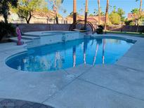 Sparkling pool features an attached spa and a lounging hammock in a lush backyard setting at 5568 Yellow Ash St, Las Vegas, NV 89118