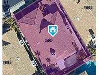 An aerial view shows the home with a tile roof, landscaping and a pool at 8109 Pacific Cove Dr, Las Vegas, NV 89128