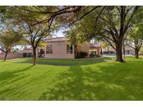 Lush green backyard featuring mature trees and a view of the pool area at 229 Drysdale Cir, Henderson, NV 89074
