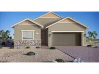 Charming single-story home with a stone accent base, two-car garage, neutral paint color, and desert landscaping at 74 Sonata Dawn Ave, Henderson, NV 89011