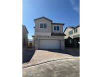 Two-story home with neutral stucco, tile roof, attached garage and paved driveway on a sunny day at 8411 Sycamore Creek St, Las Vegas, NV 89148