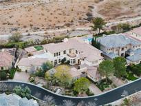 Expansive estate featuring a pool, mature landscaping, and a beige stucco exterior in a desert setting at 9325 Verlaine Ct, Las Vegas, NV 89145