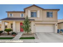 Two-story home featuring a red front door, desert landscaping, and an attached two car garage at 5827 Delonee Skies Ave, Las Vegas, NV 89131