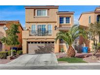 Inviting two-story home boasts desert landscaping, a two-car garage, and an outdoor balcony with a view at 5850 Sonoma Station Ave, Las Vegas, NV 89139