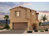 Charming two-story home featuring a tile roof, an attached garage and a desert-landscaped yard at 10668 Adeno Ave, Las Vegas, NV 89166