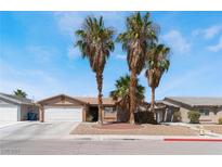 Charming single-story home featuring a two-car garage and well-maintained landscaping with mature palm trees at 2028 Rustler Ridge Ave, North Las Vegas, NV 89031