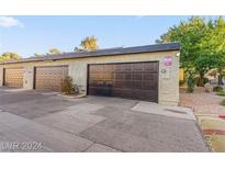 A view of the garages that have brown doors at 3255 Liahona Way, Las Vegas, NV 89121