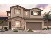 Charming two-story home with stone accents, neutral color palette, and well-manicured landscaping at 881 Dunkirk River Ct, Henderson, NV 89011