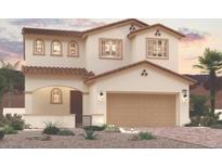 Charming two-story home features a terracotta tile roof, arched windows, and a two-car garage at 883 Dunkirk River Ct, Henderson, NV 89011