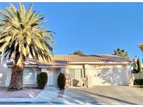 Charming single-story home with a well-maintained front yard, lush palm tree and a two-car garage at 254 Finestra Dr, Henderson, NV 89074