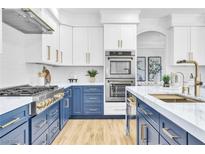 Bright kitchen features custom blue and white cabinetry, stainless steel appliances, and modern gold fixtures at 4880 Hayride St, Las Vegas, NV 89149