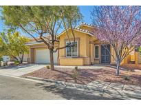 Inviting single-story home with a two-car garage and beautiful desert landscaping on a sunny day at 813 Royal Elm Ln, Las Vegas, NV 89144