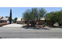 Charming single-story home with mature landscaping and a long driveway leading to an attached garage at 1211 Bourbon St, Pahrump, NV 89048