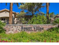 Landscaped sign for Resort Villas at the Wildhorse Golf Club with palm trees and attractive architecture at 2050 W Warm Springs Rd # 4322, Henderson, NV 89014