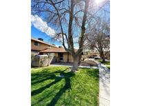 Charming home with well-maintained lawn, mature tree, and sidewalk to entrance at 5083 Village Dr, Las Vegas, NV 89142