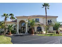 Elegant two-story home features a grand entrance, arched windows, and meticulously manicured landscaping with palm trees at 7261 Obannon Dr, Las Vegas, NV 89117
