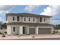 Two-story home with a neutral color palette, featuring a two-car garage and desert landscaping in front at 1171 Viento View Ave, Henderson, NV 89012