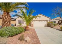 Charming single-story home featuring a well-manicured front yard with desert landscaping and mature palm trees at 2386 Amana Dr, Henderson, NV 89044