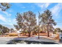 Charming single-story brick home with mature trees and landscaped front yard offers curb appeal at 6635 Laredo St, Las Vegas, NV 89146
