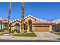 Charming single-story home boasts lush landscaping, mature palm trees, and a two-car garage at 105 Eagleview Ct, Henderson, NV 89074