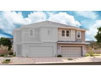 Two-story home with a two-car garage and neutral stucco exterior, complemented by a stone accent and a well-manicured front yard at 122 Antler Square Ln, Henderson, NV 89011