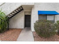 Inviting entryway featuring a secure black security door and a bright blue awning over the window at 2673 Red Rock St # 102, Las Vegas, NV 89146