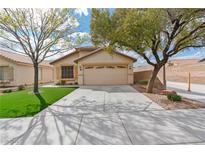 Charming single-story home featuring a two-car garage, xeriscaped yard, and mature shade trees enhancing its curb appeal at 11007 Vallerosa St, Las Vegas, NV 89141
